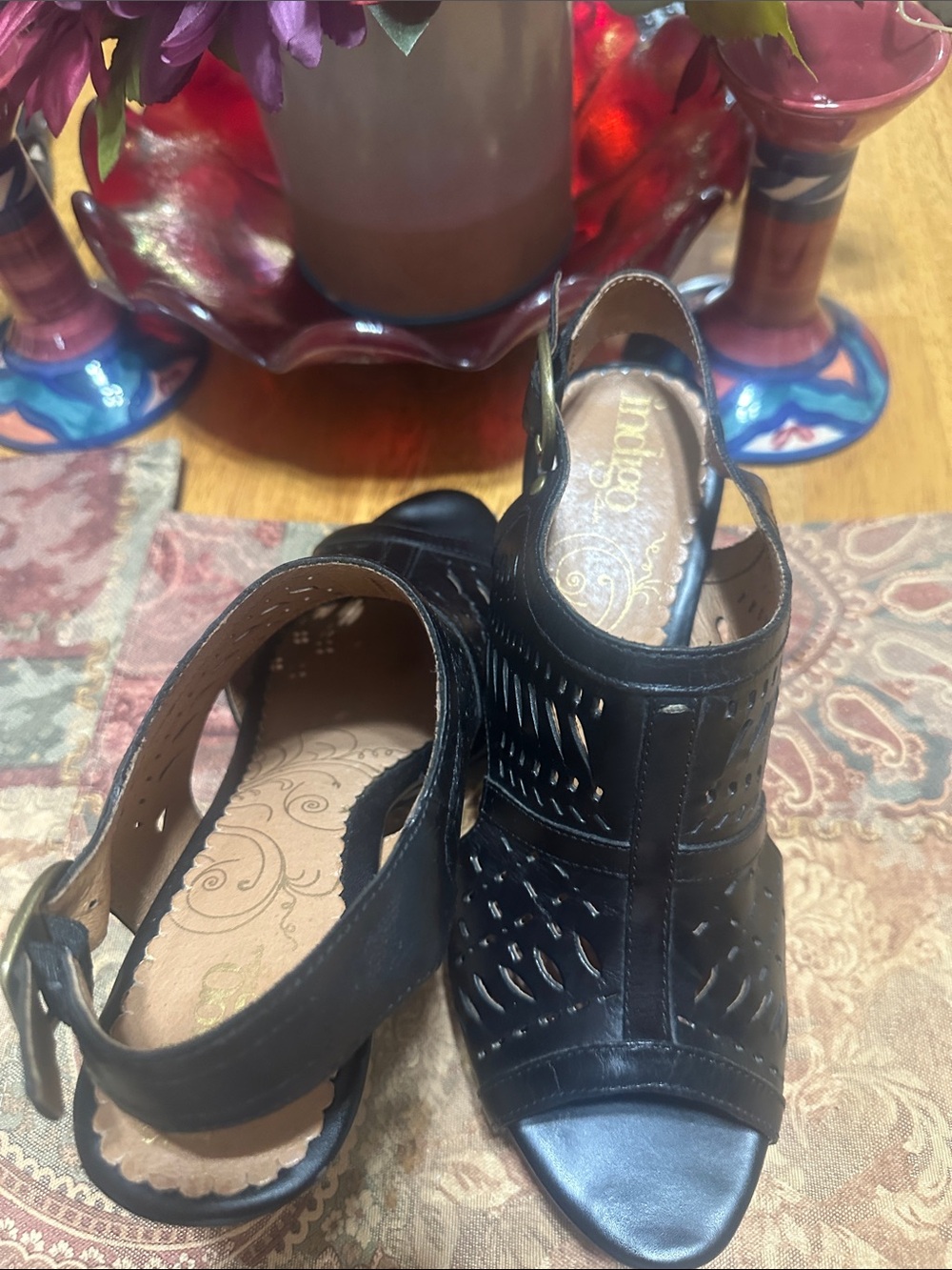 Indigo Black Perforated Peep-Toe Slingback Clogs